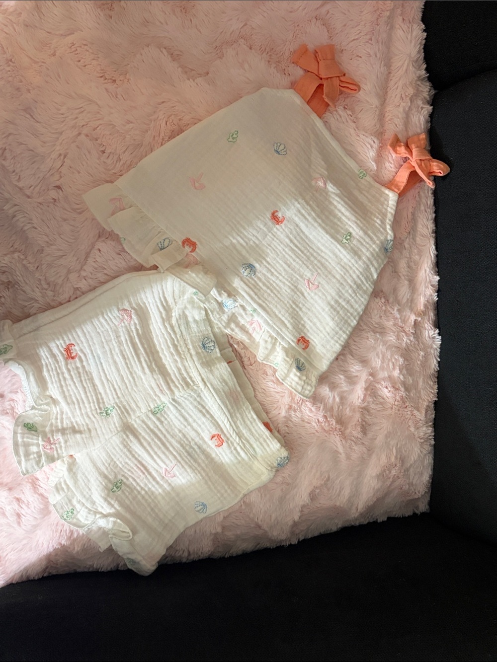 Girls' White Cotton Ruffle Tank & Shorts Set with Coral Tie Straps